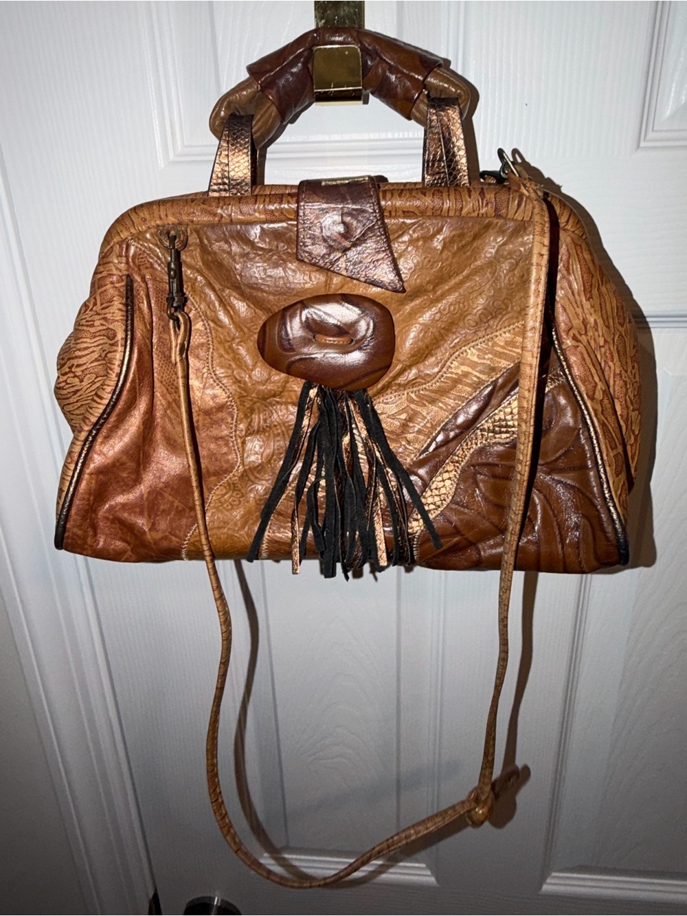 RARE Vintage Tooled Leather Boho Doctor Bag Brown Bronze Tassel satchel